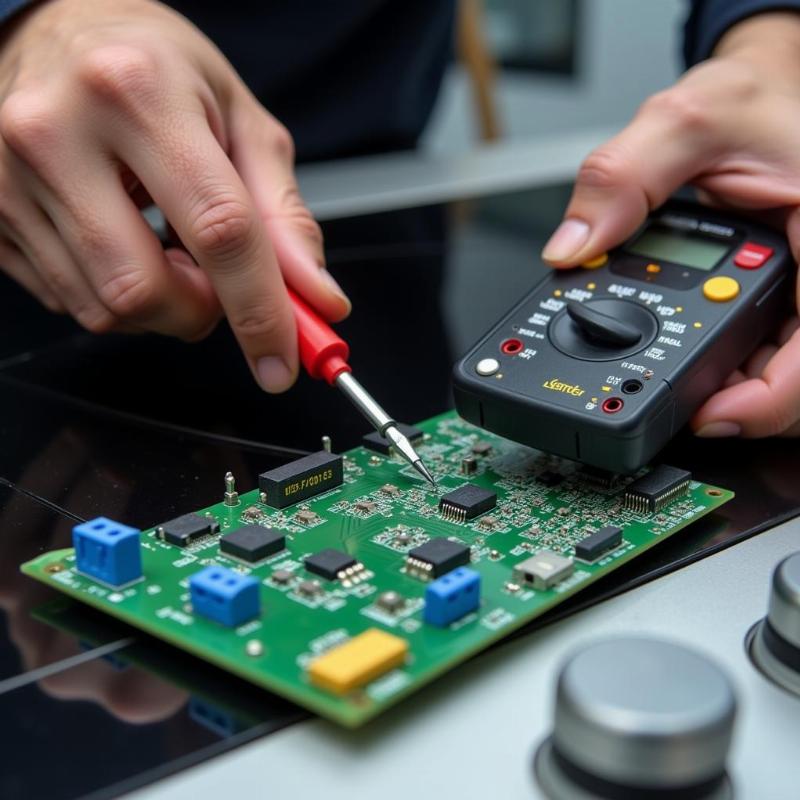 Kiểm tra các linh kiện và bo mạch trên bếp từ bằng máy đo điện trở và tua vít.